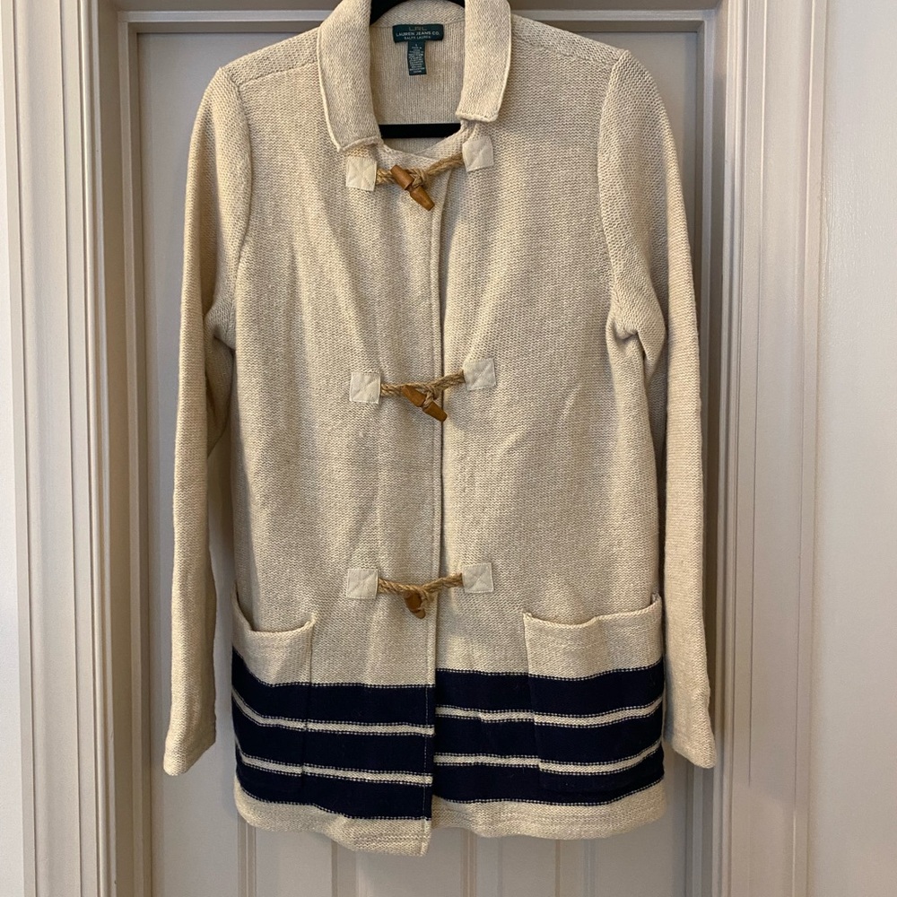 Ralph Lauren L Beach Nautical Toggle Knit Sweater Beige Navy Stripe